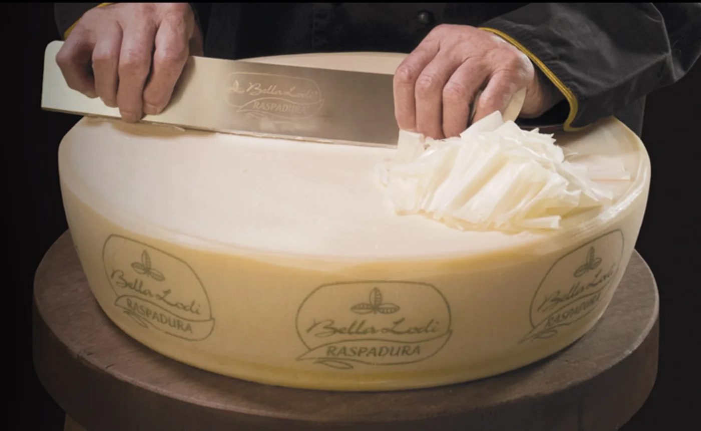 Bella Lodi Riserva Bianca black-rind buffalo-milk cheese, shaved raspadura style