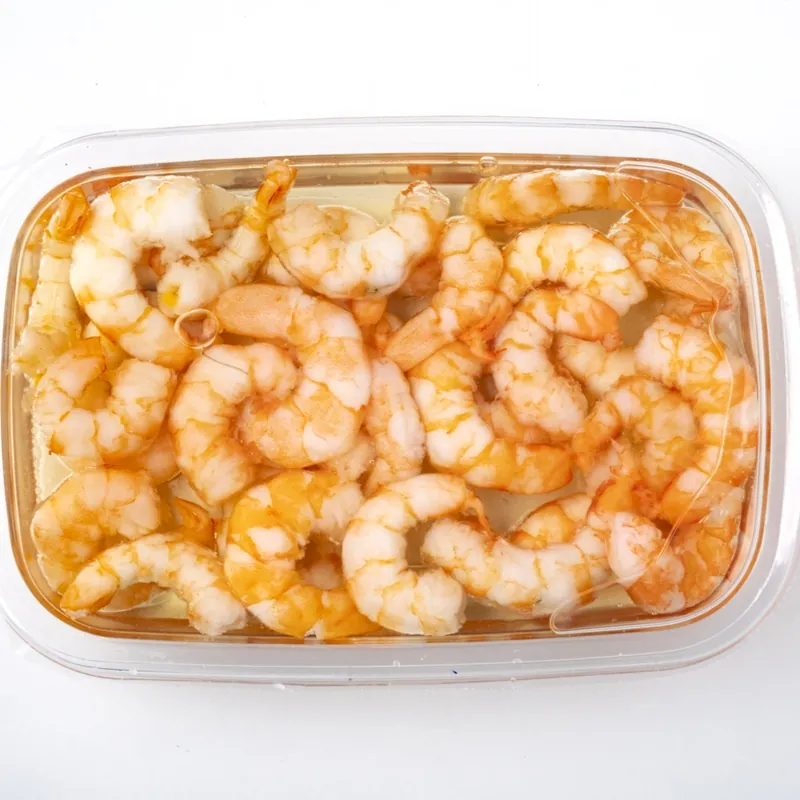 Marinated shrimps in 200g retail tray, SFDA-registered Italian seafood for Saudi Arabia