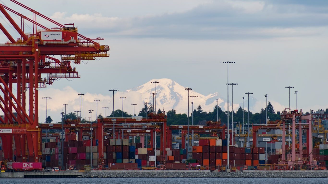 Container ship in a Canadian west coast harbour serving Italian food importers